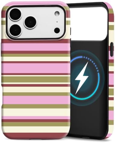 for iPhone 17 Pro Max Case, Magnetic Matte Frosted Dual-Layer Striped Phone Case for Women, Retro Aesthetic Cover Compatible with Mag Safe Accessories - Berry Sage by YKCZL
