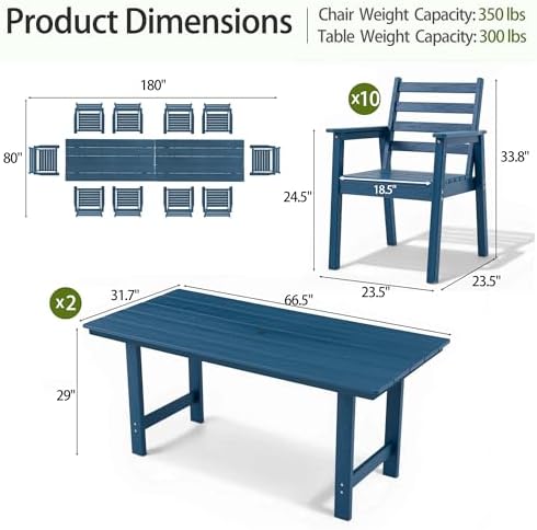 12-Piece Outdoor Dining Set, All-Weather HDPE Patio Furniture, Two 66.5" Slatted Table with 1.6" Umbrella Hole & 10 Ergonomic Armchairs, Heavy Duty 350lbs Capacity, UV Resistant, Blue - Image 3