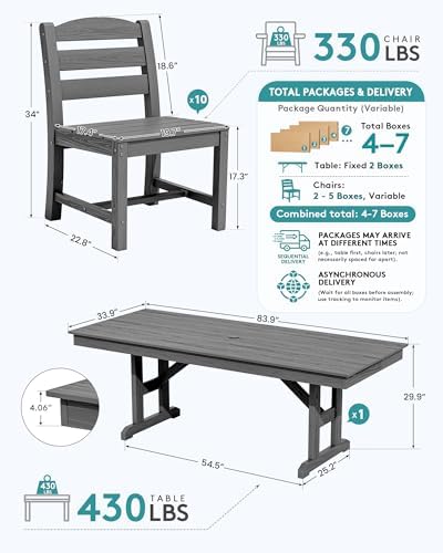 SERWALL 9Pcs 84" HDPE Outdoor Dining Set for 8 with Armless Chairs,Gray - Image 2