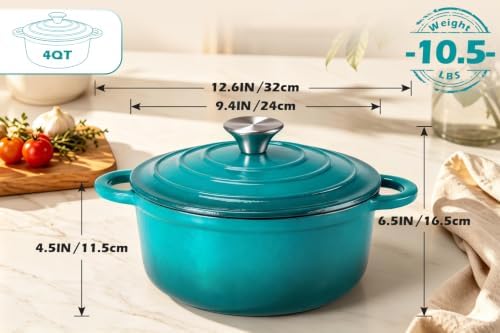Leonyo 4-Quart Enameled Cast Iron Dutch Oven Pot with Lid, Lake Green - Image 2