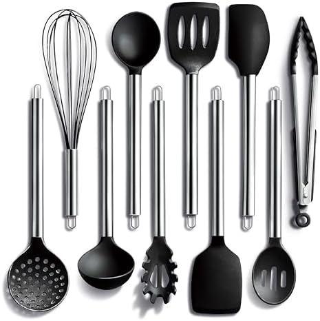 COOK WITH COLOR Silicone Cooking Utensils, Kitchen Utensil Set, Easy to Clean Silicone Kitchen Utensils, Cooking Utensils for Nonstick Cookware, Kitchen Gadgets Set, 10 Pieces, Black by CookwithColor