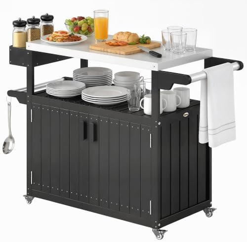 Outsunny Outdoor Bar Cart with Storage Cabinet Kitchen Island Black by Outsunny