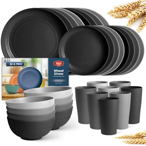 Teivio 32-Piece Plates and Bowls Sets for 8, Wheat Straw Dinnerware Sets by Teivio