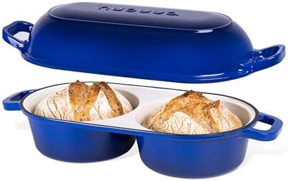 Dutch Oven For Sourdough Bread Baking – Enamelled Cast Iron Bread Loaf Pot – 500°F Oven Safe Non Stick Bread Pot – Double Round Loaf Space, 16.5cm Diameter, Dark Blue, – by Nuovva by Nuovva