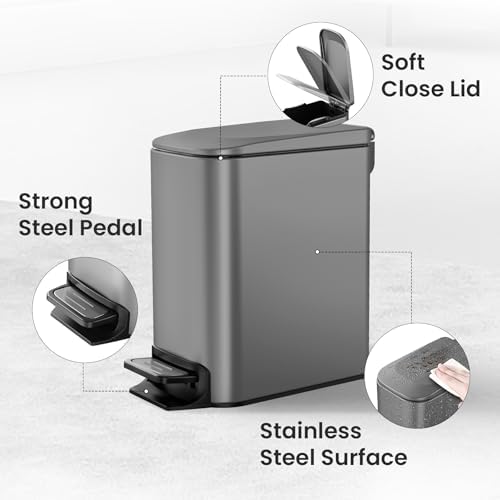 Cesun Small Bathroom Trash Can with Lid, 1.6 Gal, Soft Close, Gray - Image 4