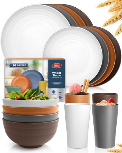 Teivio 16-Piece Kitchen Plastic Wheat Straw Dinnerware Set, Service for 4, Dinner Plates, Dessert Plate, Cereal Bowls, Cups, Unbreakable Plastic Outdoor Camping Dishes, Farmhouse by Teivio