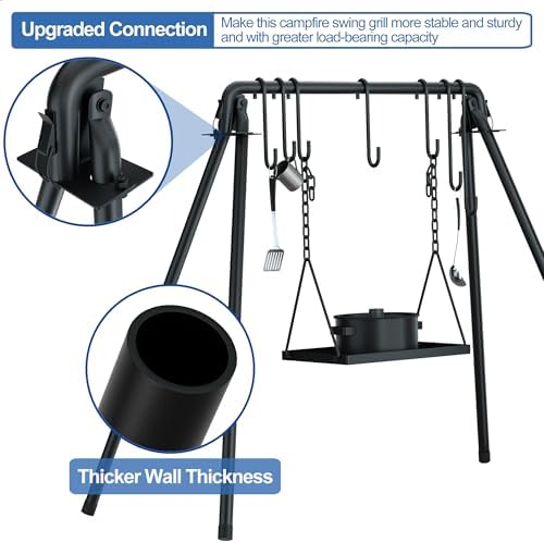 RELIANCER Grill Swing,Campfire Grill Cooking Stand w/8 Hooks & Storage Bag,Cast Iron BBQ Party Swing Grilling Cooking Rack,Outdoor Picnic Camping Cookware Hanging Rack,Collapsible Bonfire Barbecue Set - Image 4