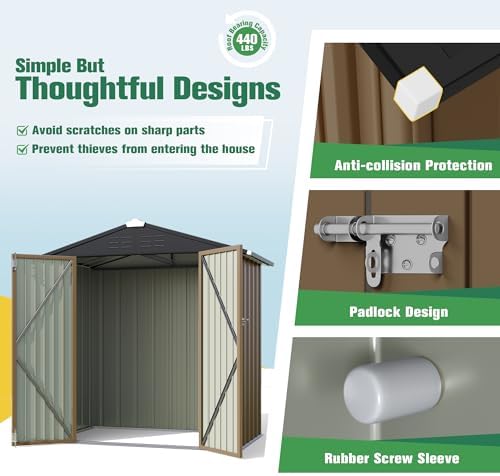 Flamaker 6x4 FT Storage Shed Waterproof Metal Garden Shed with Lockable Door Utility Tool Shed Outdoor Storage for Backyard, Patio and Lawn, Brown - Image 4