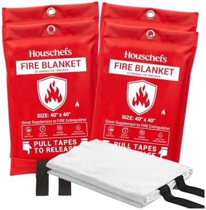 Emergency Fire Blanket for Home & Kitchen, Fiberglass Fire Suppression Blanket, 40" x 40" Heat Resistant Fire Safety Blanket for Grill, Fireplace, Camping, Car, Office & Emergency (Pack-04) by Houschefs