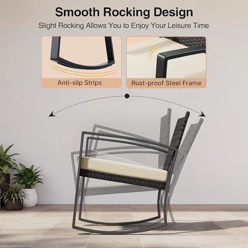 Qsun 3 Pieces Porch Furniture Set Patio Rocking Bistro Set Outdoor Patio Chairs Rattan Conversation Sets with Coffee Table for Front Porch Garden Balcony Backyard Poolside (Beige Cushion) - Image 3