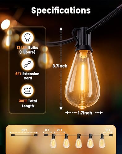 Outdoor String Lights 30FT(24+6) Waterproof, 12 LED S14 Shatterproof Edison Bulbs, 2FT Spacing, Extension Cord, Connectable Plug in Hanging Patio Lights for Outside, Backyard, Warm White - Image 7