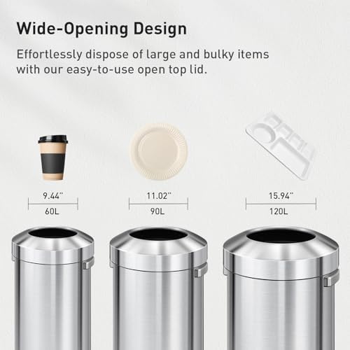 EKO Urban 24 Gallon Round Stainless Steel Open Top Waste Bin, Tall Commercial Trash Can for Indoor/Outdoor, Extra Large Metal Garbage Bin for Office, Restaurant, Restroom, 90L - Image 3