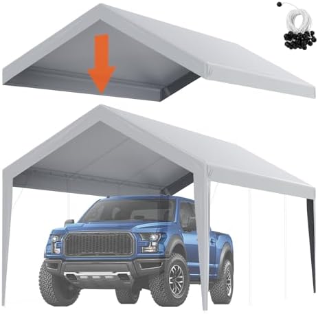 VEVOR Carport Replacement Canopy Cover 10 x 20 ft, Garage Top Tent Shelter Tarp Heavy-Duty Waterproof & UV Protected, Easy Installation with Ball Bungees,Grey (Only Top Cover, Frame Not Include) by VEVOR