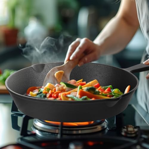Vesici 2 Pcs Cast Iron Skillet Frying Pans with Drip-spouts Circle Non-stick Frying Skillet Omelette Pan Safe Healthy Cookware for Home Barbecue Kitchen Party Restaurant Catering Service (10.2 Inch) - Image 2