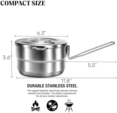 ZOOFOX 18/10 Stainless Steel Camping Pot, 1.5 Quart Food Grade Small Pot with Lid, Locking Handle and Storage Bag, Portable Lightweight Saucepan for Outdoor Cooking, Backpacking, Hiking and Picnic - Image 2