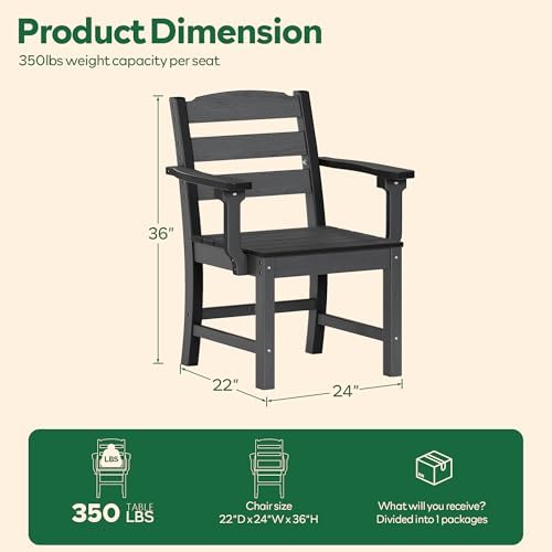 Patio Dining Chairs Set of 2, 350lbs Heavy Duty HDPE Outdoor Chair with Extra-Wide Seat & High-Back, All-Weather Garden Armchair with Integrated Armrests, Wood-Look Seating for Backyard, Deck（ Black） - Image 6