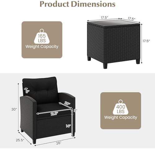 RELAX4LIFE 3-Piece Patio Furniture Set - Wicker Rattan Bistro Sofa Set with Glass Top Coffee Table, Washable Cushions for Porch, Balcony, Backyard, Poolside, Outdoor Conversation Set (Black) - Image 3