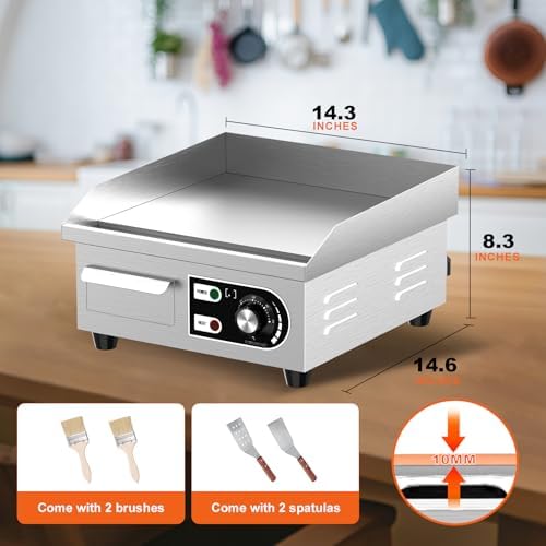 14’’ Commercial Electric Griddle - Electric Cast Iron Griddle w/Stainless Steel Material and Non-Stick, 110V Commercial Griddle w/ 1/2" Thick Iron Cooking Plate for Indoor and Restaurant - Image 3