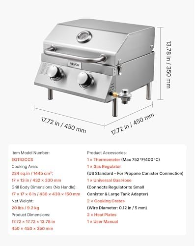 VEVOR Tabletop Gas Grill, 2-Burner Stainless Steel Portable Propane Grill, with Built-in Thermometer, Travel Locks, Weatherproof Lid, 15,000 BTU Total, for Outdoor Cooking, Patio, Party, Camping, RV - Image 6