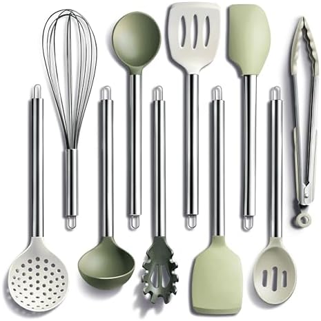 COOK WITH COLOR Silicone Cooking Utensils, Kitchen Utensil Set, Easy to Clean Silicone Kitchen Utensils, Cooking Utensils for Nonstick Cookware, Kitchen Gadgets Set, 10 Pieces, Green by CookwithColor