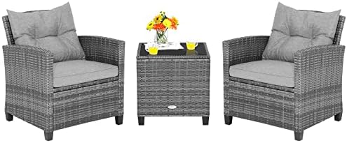 Tangkula 3 Pieces Patio Furniture Set, Outdoor PE Rattan Conversation Chair Set with Tempered Glass Side Table and Removable Cushions, PE Wicker Chairs and Table Set for Porch, Balcony and Garden by TANGKULA