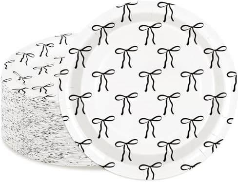 FYSUIMU 50Pcs Black Bow Paper Plate Cute Bowknot Disposable Plates 9 Inch Dinner Dessert Plates for Coquette Birthday Baby Shower Party Tableware Supplies by FYSUIMU