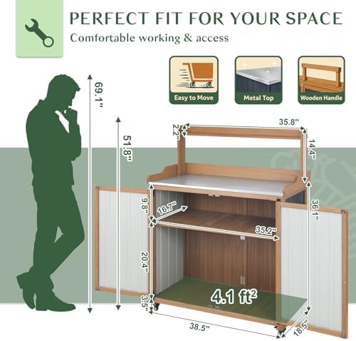Outdoor Storage Cabinet with 4 Wheels and Handle, Metal & Wood Potting Bench Storage Cabinets with Waterproof Top, Removable Shelf, Potting Table & Workstation for Garden, Patio, Balcony, Garage - Image 4