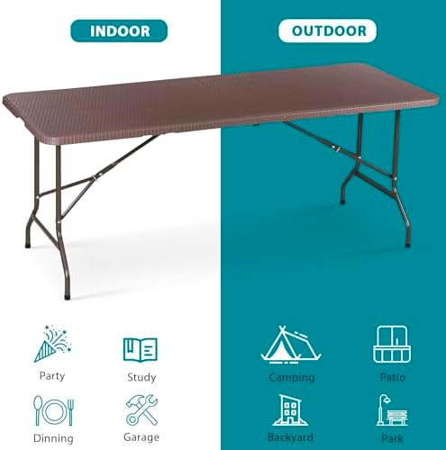 SUPER DEAL 6FT Folding Table for Indoor Outdoor, Portable Heavy Duty Fold-in-Half Plastic Dining Picnic Party Camping Table with Carrying Handle, Brown - Image 7