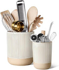 LE TAUCI Ceramic Kitchen Utensil Holder Set of 2 - 6.9"+5.3" Large Cooking Utensil Crock & Organizer for Spatula, Spoon, Whisk - Farmhouse Countertop Storage, Cream Beige, Line by LETAUCI