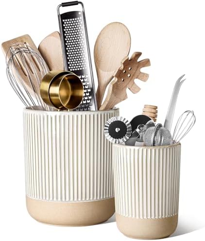 LE TAUCI Ceramic Kitchen Utensil Holder Set of 2 - 6.9"+5.3" Large Cooking Utensil Crock & Organizer for Spatula, Spoon, Whisk - Farmhouse Countertop Storage, Cream Beige, Line by LETAUCI