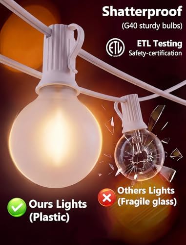 25Ft G40 LED Frosted White String Lights Outdoor with 27 Shatterproof Globe Bulbs Patio Lights White Wire, Waterproof Hanging Bistro Lights for Wedding Party Backyard Garden Porch Christmas Decor - Image 5