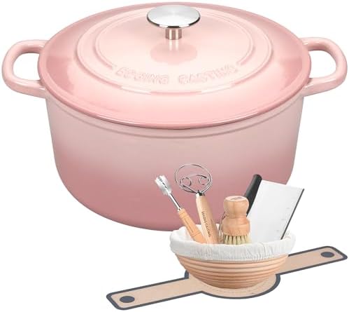 EDGING CASTING Enameled Cast Iron Dutch Oven with Sourdough Bread Baking Kit, Bread Dutch Oven with Lid, Includes Proofing Basket & Baking Tools, 5qt, Pink by EDGINGCOOKWARE