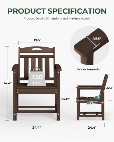 Set of 2 Weatherproof Patio Chairs - HDPE Outdoor Dining Chairs with Wide Seat, Ergonomic Design - for Garden, Backyard, Deck - Brown - Image 3