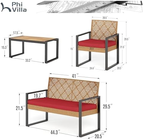 PHI VILLA 4 Piece Yellow Wicker Patio Furniture Set with Red Cushion - Image 2