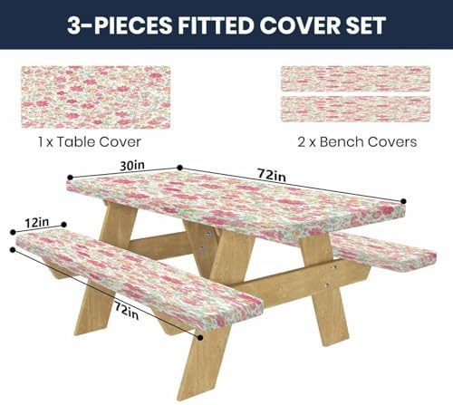 CAPSCEOLL Fitted Picnic Table Cover with Bench Covers 6ft - Pink Flowers - Image 2
