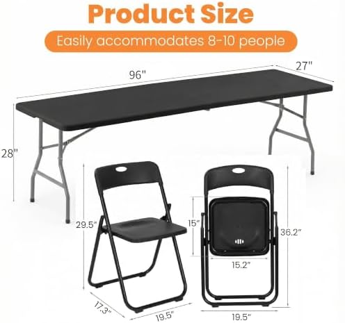 8 Feet Foldable Picnic Table with 10 Folding Chairs for 10, Black - Image 3