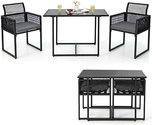 Tangkula 3 Pieces Outdoor Dining Set, Patio PE Rattan Furniture Set with Folding Backrest, Cozy Seat Cushions, Tempered Glass Tabletop, Space-Saving Rattan Chair Table Set for Backyard, Poolside by TANGKULA