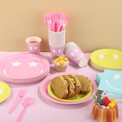 Kochorie 144 Pcs Preppy Smile Party Tableware Supplies, Disposable Paper Plates Napkins Cups Forks Set, Serves 24 Guests for Smile Face Theme Baby Shower Birthday Party Decorations - Image 4