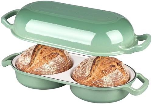 VORRINGARD Enameled Cast Iron Double Dutch Oven with Lid, Dual Round Loaf Pan, Bread pan for Homemade Sourdough Bread Baking, Sage green by Unknown