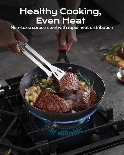 Carbon Steel Pan, 12 Inch Nonstick Frying Pan Skillet with Lid - Image 3