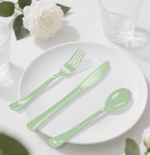 HEIPINIUYE 75 Pack Sage Green Plastic Cutlery Heavy Duty Sage Plastic Knives Forks and Spoons Disposable Silverware Set for 25 Guest Camping Birthday Baby Shower Party Cutlery Set - Image 7