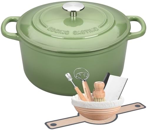 EDGING CASTING Enameled Cast Iron Dutch Oven with Sourdough Bread Baking Kit, Bread Dutch Oven with Lid, Includes Proofing Basket & Baking Tools, 5qt, Pistachio Green by EDGINGCOOKWARE
