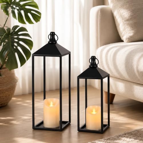 Lanterns Decorative Outdoor Indoor, 17" 13" Set of 2 Black Candle Lanterns - Image 5