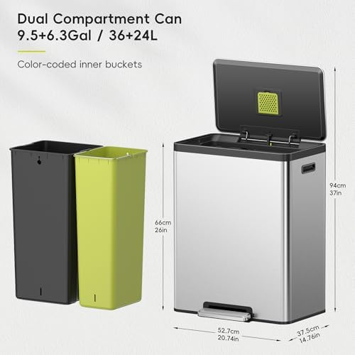 EKO EcoCasa II 36L+24L Dual Trash Can with Recycle Bin, Stainless Steel Garbage Can with Lid, Deodorizer Compartment, Odor-Proof and Fingerprint Resistant - Image 2