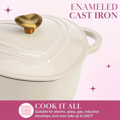 Paris Hilton Enameled Cast Iron Dutch Oven Pot with Lid, Heart-Shaped Dutch Oven, Durable Cast Iron Pot with Dual Handles, Oven Safe to 500°F, Works on All Stovetops, 4-Quart, Cream - Image 3