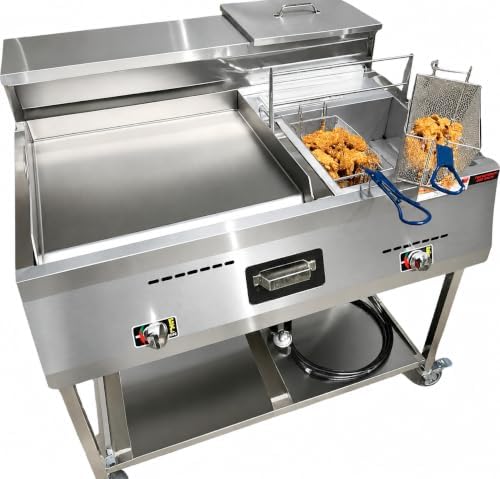 Deep Fryer and Flat Top Griddle Cart | 20" Stainless Steel Griddle | 3 Gallon Single Tank Deep Fryer | Outdoor Propane | Portable 4 Wheels | Thermometer + Cover Included | Commercial & Home by GasSharkOutdoorCooking