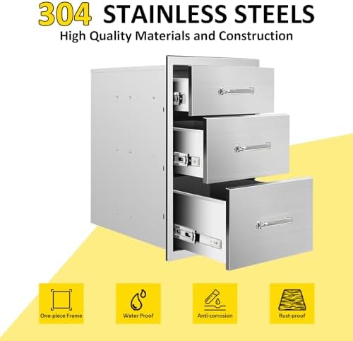 Outdoor Kitchen Drawers 14" W x 21" H x 23" D Flush Mount Triple BBQ Drawers with Chrome Handle Stainless Steel Drawer for Outdoor Kitchen Island, Patio Grill Station - Image 3