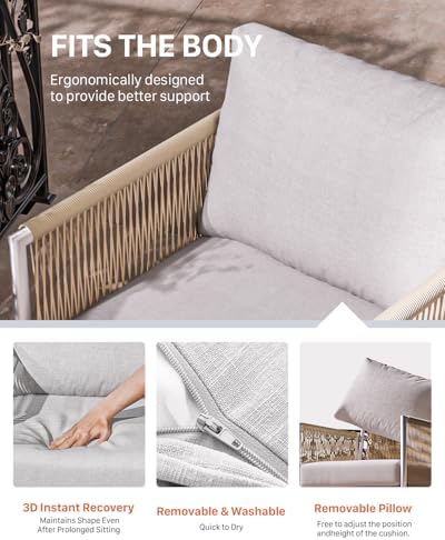 ZANDOR Aluminum Outdoor Patio Furniture 2 Pcs Armchair, All-Weather Metal Modern Outside Furniture with Washable Thick Cushion, HDPE Woven Rope Rattan Bistro Sofa Chair, Garden/Backyard/Porch, Silver - Image 6