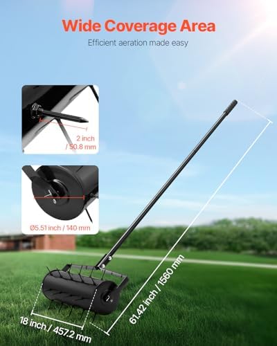VEVOR Rolling Lawn Aerator, 18-inch Heavy-Duty Manual Rolling Aerator Lawn with Detachable Handle and 27 Iron Spikes, Rolling Lawn Aeration Tool for Garden Patio Yard Compacted Soils and Lawns, Black - Image 2