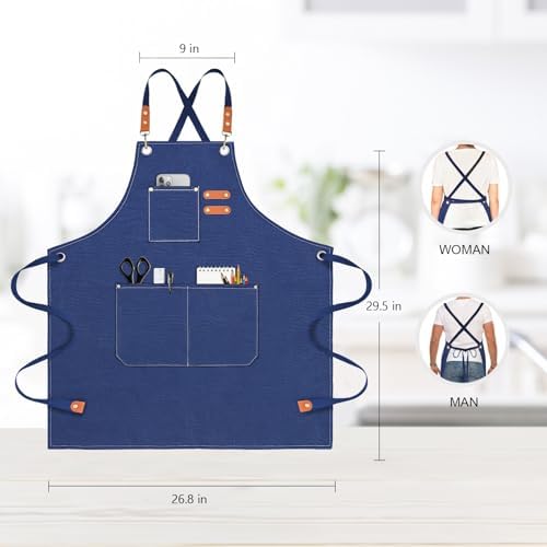 OUNLEN Chef Apron for Men Women Canvas Aprons with 3 Pockets Cross Back Resistant Work Apron for Cooking - Image 2